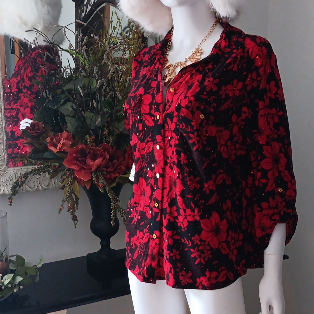 Floral Red and Black Blouse NWOT size Large